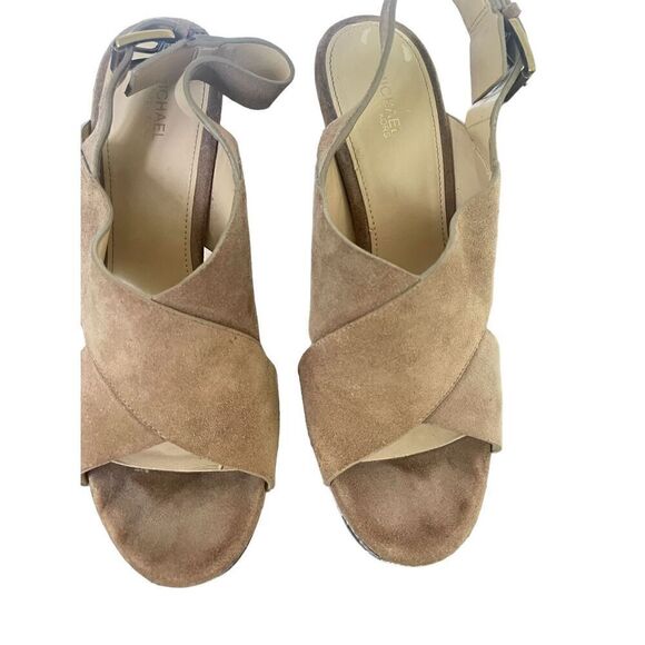 Michael Kors Mariana Suede/ Snakeskin Sling Platform/Open Toe Heels Brown Size 9 - Picture 3 of 11